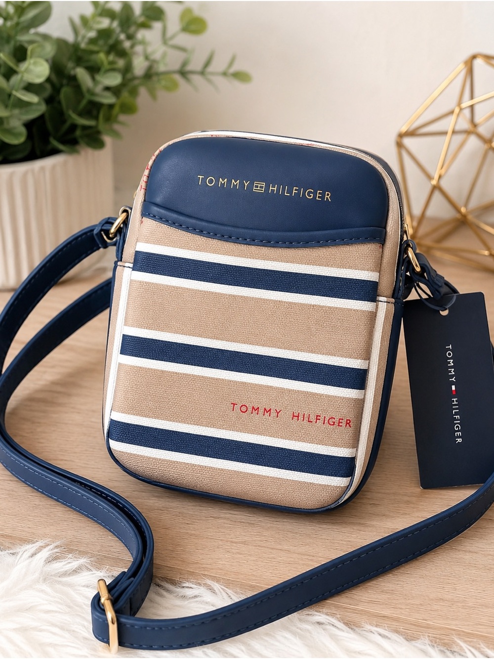 Tommy Hilfiger Navy, Tan & White Striped Crossbody Belt Bag